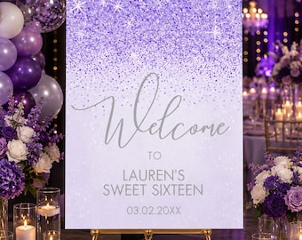 Purple Sweet 16 Welcome Sign Template, Editable Birthday Entrance Sign, Glitter Quinceañera Poster, Printable Party Welcome Board, Corjl
