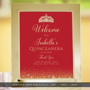 Red and Gold Glitter Quinceañera and Sweet Sixteen Party sign. Designed with sparkles, faux gold glitter, gold crown with diamond, and red background accents for a fabulous birthday. Designed By MetroEvents
