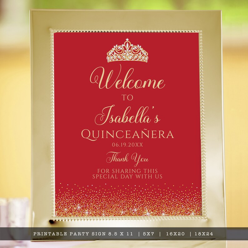 Red and Gold Glitter Quinceañera and Sweet Sixteen Party sign. Designed with sparkles, faux gold glitter, gold crown with diamond, and red background accents for a fabulous birthday. Designed By MetroEvents