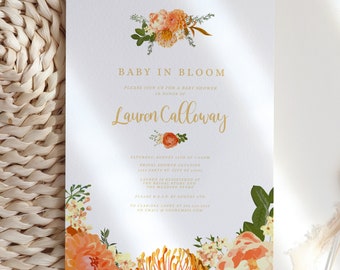 Printable Orange Floral and Gold Spring Baby Shower Invitations Baby in Bloom Invitations Summer Instant Download Corjl Digital Template
