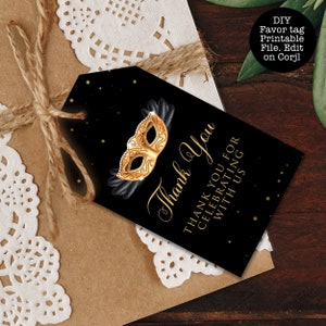 Black and Gold Masquerade Thank You Tags, Gold Favor Tags, Gold Masquerade Gift Tags, Editable Favor Tags, Corjl Template, Gold Favor Tags