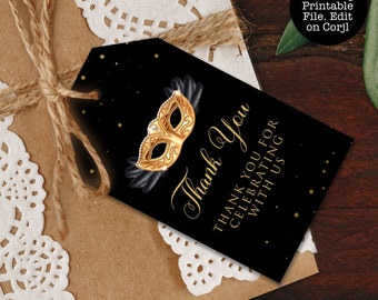 Black and Gold Masquerade Thank You Tags, Gold Favor Tags, Gold Masquerade Gift Tags, Editable Favor Tags, Corjl Template, Gold Favor Tags