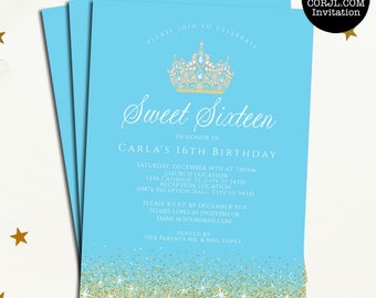 Sweet Sixteen Party Invitation, Light Blue Sweet 16 Birthday Invitations, Printable Sweet 16 Invitations, Corjl Invitation, Glitter Invite