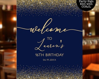 Navy and Gold Welcome Signs, Editable Party Signs, Instant Download, Gold Glitter Welcome Signs, Printable Party Signs, Corjl Template