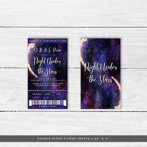 Night under the stars, galaxy-themed invitation. This design is created with a star-filled purple and blue starry sky background with a half-ring of shooting stars training through it. Designed by MetroEvents.