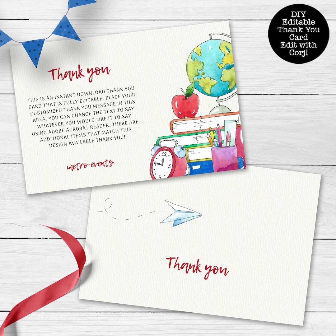 Printable Teacher Thank You Cards: Editable School Design (digital ...
