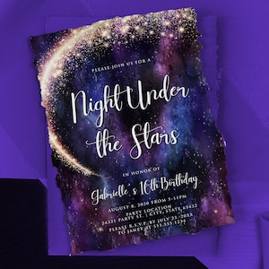 A Night Under The Stars Invitation, Printable Birthday Invitation, Galaxy Invitations, Star Invitations, Corjl Template, Instant Download