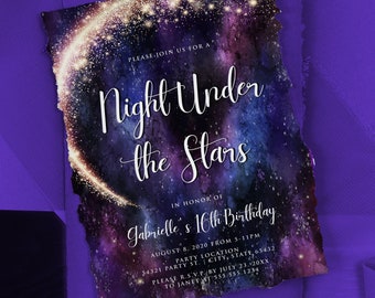 A Night Under The Stars Invitation, Printable Birthday Invitation, Galaxy Invitations, Star Invitations, Corjl Template, Instant Download