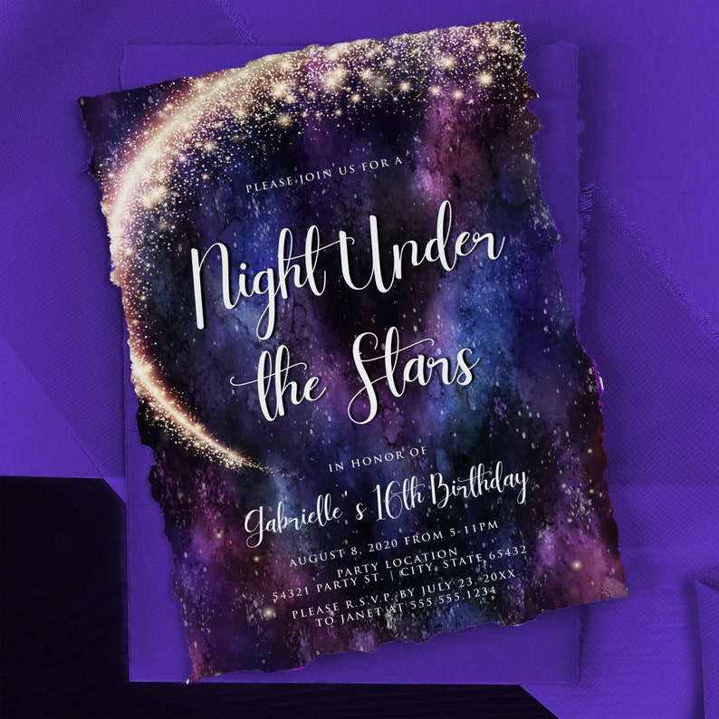 Night under the stars, galaxy-themed invitation. This design is created with a star-filled purple and blue starry sky background with a half-ring of shooting stars training through it. Designed by MetroEvents.