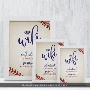 May include: Three white-framed signs featuring a baseball theme with a cream background, red stitching patterns, and dark blue text that reads wifi, wifi network YOURNETWORK, and password YOURPASSWORD, with a small baseball icon above the word wifi.
