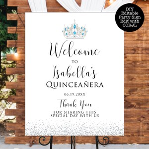 Signos de Quinceañera, Signo de Quinceañera Glitter, Signo Imprimible, Signo de Bienvenida Personalizado, Signo de Bienvenida Editable, Quinceañera Azul, Plantilla Corjl