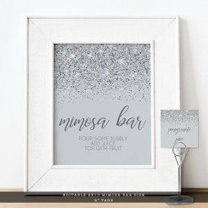 Sparkling Silver Glitter Mimosa Bar Sign and Tags. A glam style sign is created with faux silver glitter on a coordinating silver background with elegant text. Designed By MetroEvents.