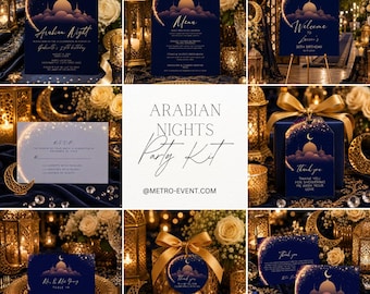 Arabian Nights Party Bundle, Navy Gold Event Package, Arabian Theme Birthday Decorations, Editable Party Kit