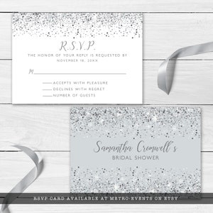 Sparkling Silver Glitter RSVP Enclosure Cards. A glam style card is created with faux silver glitter on a coordinating silver background with elegant text. Designed By MetroEvents.
