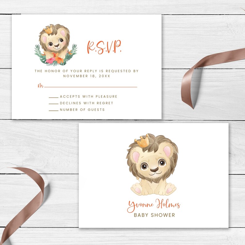 May include: Baby shower invitation and RSVP cards featuring a cute lion cub illustration. The RSVP card includes fill-in-the-blank lines and the text "R.S.V.P." in orange. The invitation card has the text "Yvonne Holmes BABY SHOWER".