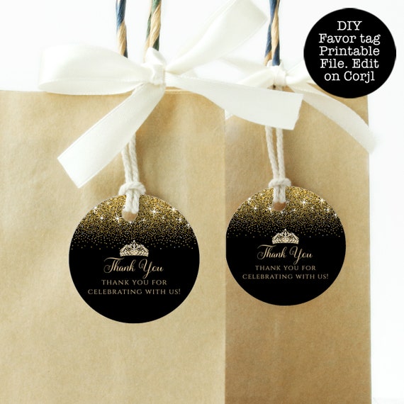 Black and Gold Favor Tag Round Gift Tags Editable Gift Etsy
