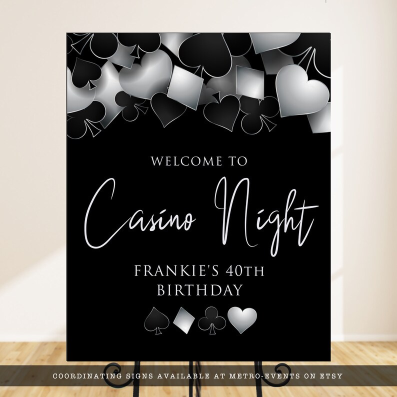 Printable Digital Party Sign with Customizable Corjl Template - Silver and Black Casino Night with Hearts Spades Clubs Diamonds - Perfect for Birthday Parties