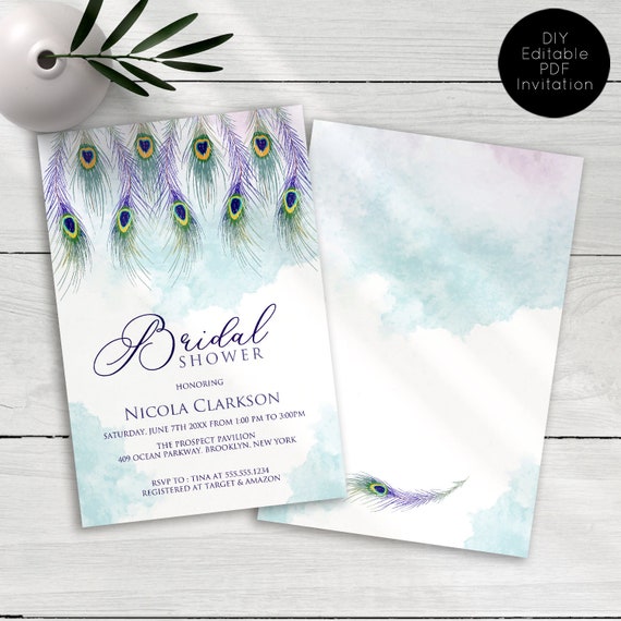 Pretty Peacock Feather Bridal Shower Invitations, Bridal Shower Printable, Purple and Teal Invite, Printable Invitations, Instant Download Il_570xn