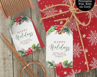 Pine and Holly Gift Tags, Holiday Favor Tag, Editable Favor Tags, Corjl Template, Holiday Gift Tags, Printable Gift tag, Christmas Gift Tags
