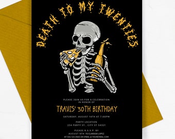 Death to My 20s Invitation Skeleton Eating Pizza and Holding Beer Corjl Template Adios to my 20s Death to Youth Instant Download