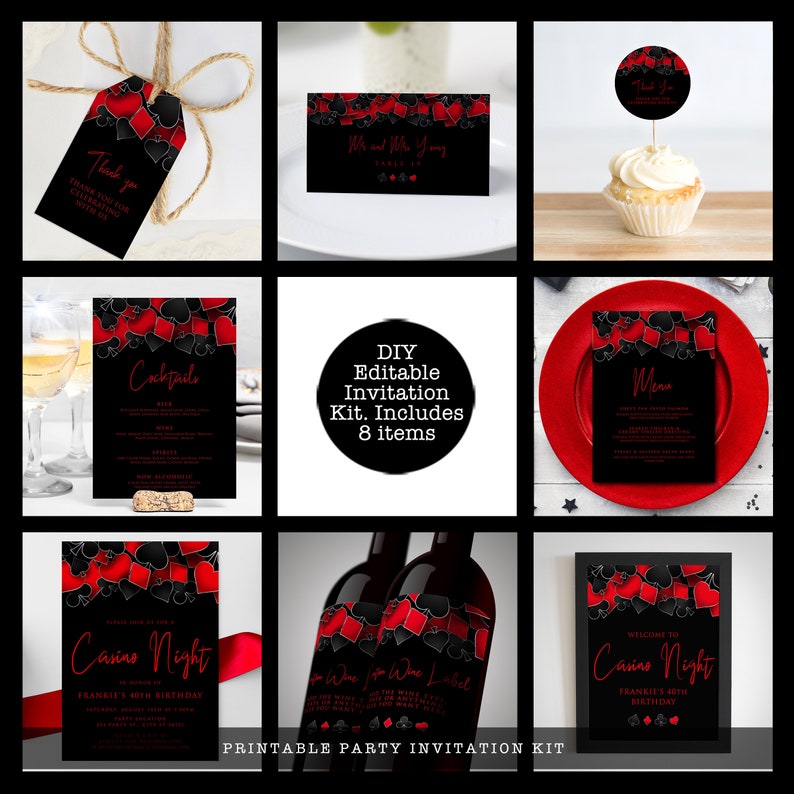 Casino night party bundle designed with hearts, diamonds, clubs, and spades framing the top in red and black. Designed By MetroEvents.