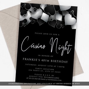 printable invitation with Customizable Corjl Template Silver and Black Casino Night with Hearts Spades Clubs Diamonds Perfect for Birthday Party Favors and Decorations