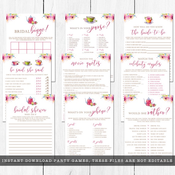 Tea Party Bridal Shower Games, Watercolor Floral Bridal Shower Games ...