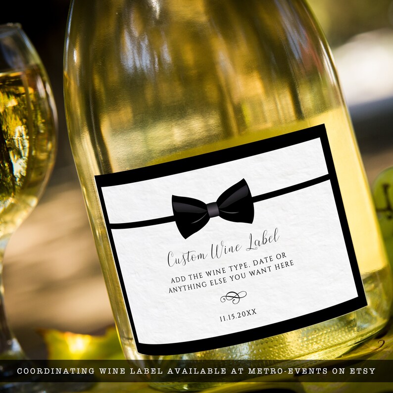 Editable black and white wine label great for galas, black tie weddings, charity auctions, corporate parties & more. Featuring a tuxedo bowtie and elegant, editable typography. Designed by MetroEvents.