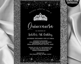 Black and Silver Quinceañera Glitter Invitations, Quinceanera Invitations, Quinceañera Crown Invitation, Printable Quince Invitations, Corjl