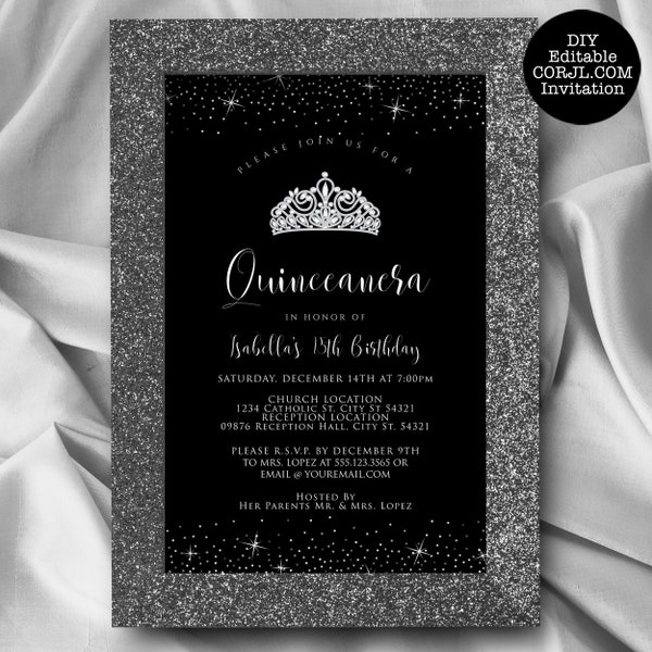 Black and Silver Quinceañera Glitter Invitations, Quinceanera Invitations, Quinceañera Crown Invitation, Printable Quince Invitations, Corjl