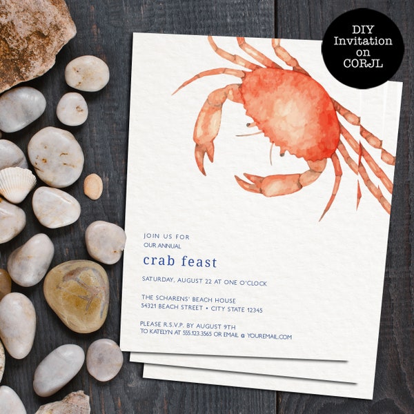 Crab Feast Invitations, Summer Party Invitation, Beach Party Invite, Editable Invitation, Printable Invitation, Instant Download, Corjl File