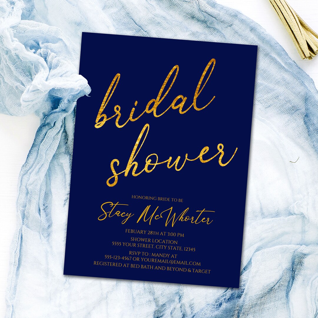 Elegant Navy Blue and Gold Bridal Shower Invitations, Printable Bridal