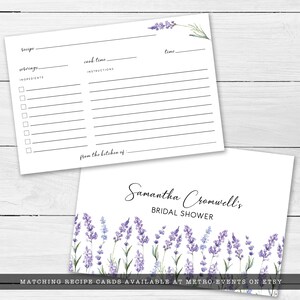 May include: Two white recipe cards with lavender illustrations. One card has recipe fields and the text "from the kitchen of". The other card says "Samantha Cromwell's Bridal Shower" with lavender accents.
