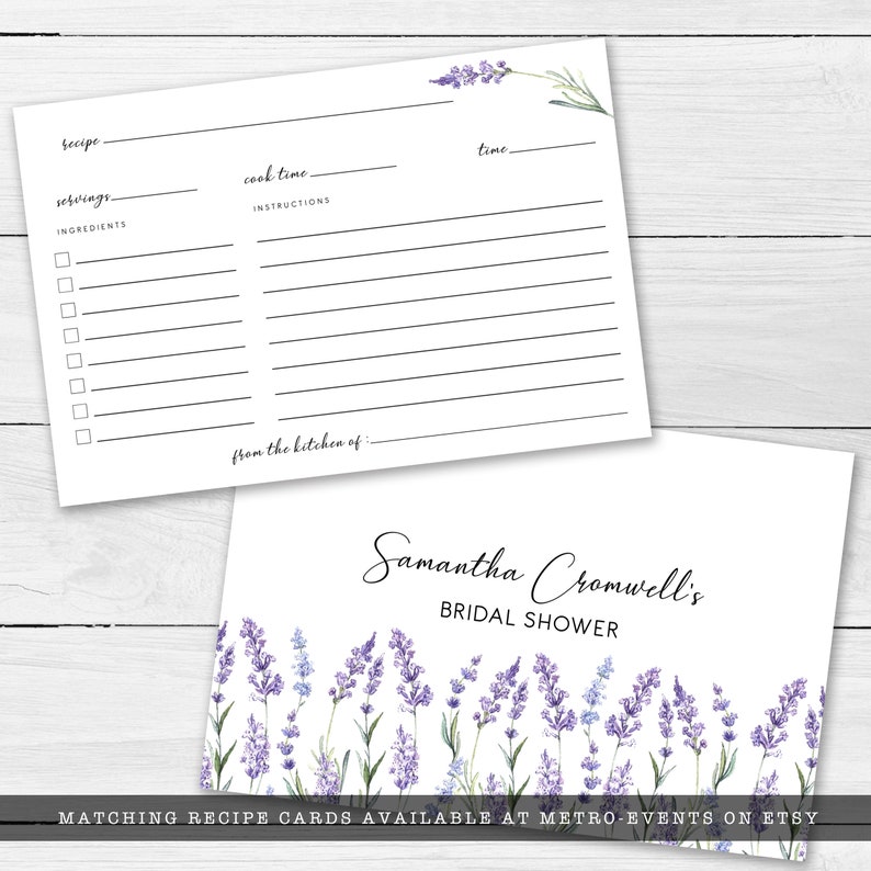 May include: Two white recipe cards with lavender illustrations. One card has recipe fields and the text "from the kitchen of". The other card says "Samantha Cromwell's Bridal Shower" with lavender accents.