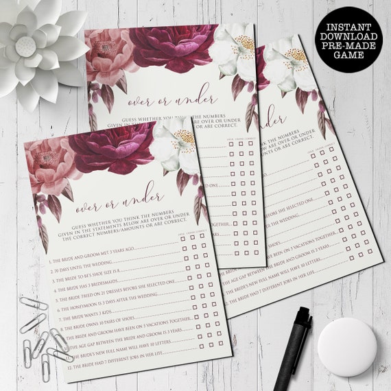 Bridal Shower Over or Under Game, Bridal Shower Games, Printable Floral ...