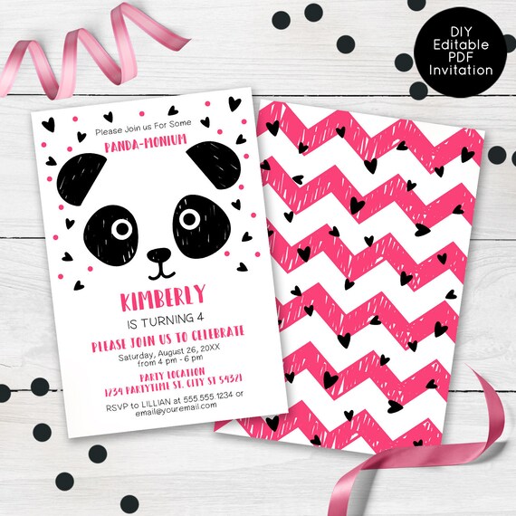 Panda Birthday Invitations, Pink Panda Party Invites, Printable ...