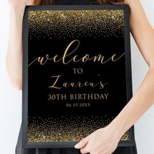 Black and Gold Glitter Party Sign, Printable Welcome Sign, Editable Welcome Party Sign, Instant download, Corjl Template, Black & Gold Signs