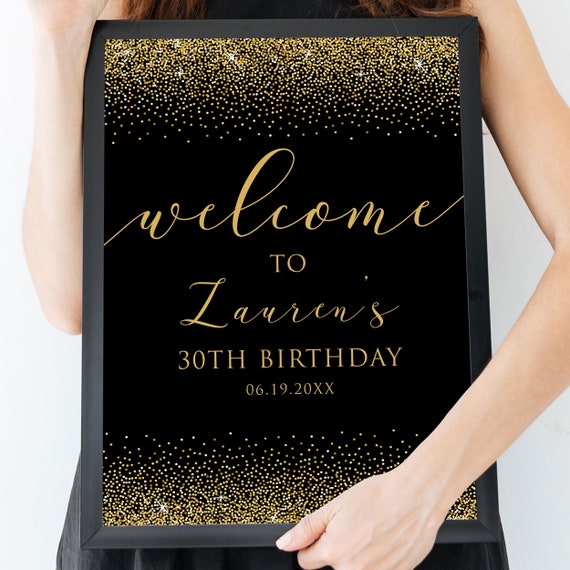 Black and Gold Glitter Party Sign, Printable Welcome Sign, Editable Welcome Party Sign, Instant download, Corjl Template, Black & Gold Signs Il_570xn
