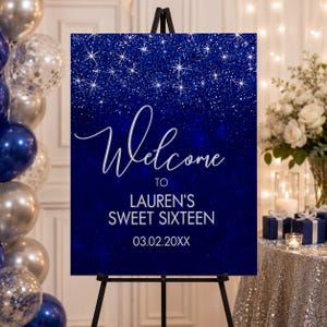 Mall för blå glitter Sweet Sixteen välkomstskylt, kungligt blå Sweet 16-festskylt, blå silver födelsedagsvälkomstaffisch, utskrivbar skylt