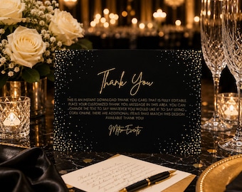 May include: A black rectangular thank you card with gold confetti-like dots and gold script text that reads Thank You and Metro Events. The card includes placeholder text for customization and is displayed on a table with flowers and glassware.