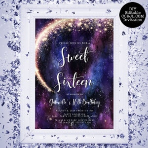 Night under the stars, galaxy-themed invitation. This design is created with a star-filled purple and blue starry sky background with a half-ring of shooting stars training through it. Designed by MetroEvents.