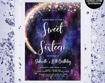 Galaxy Sweet Sixteen Party Invitation, Sweet 16 Printable Invitation, Printable Sweet 16 Invitations, Purple Sky Invitations, Stars Sweet 16