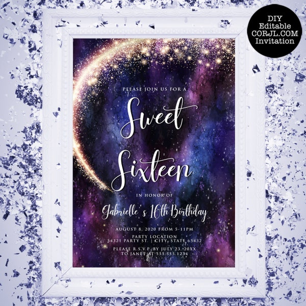 Galaxy Sweet Sixteen Party Invitation, Sweet 16 Printable Invitation, Printable Sweet 16 Invitations, Purple Sky Invitations, Stars Sweet 16