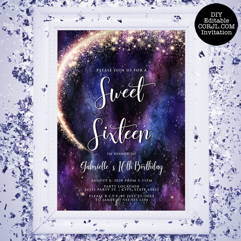 Night under the stars, galaxy-themed invitation. This design is created with a star-filled purple and blue starry sky background with a half-ring of shooting stars training through it. Designed by MetroEvents.