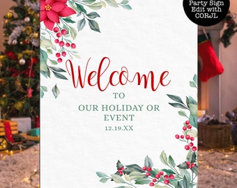 Christmas Welcome Signs, Printable Welcome Sign, Corjl Template, Instant Download, Poinsettia Holiday Signs, Christmas Signs, Holiday Signs