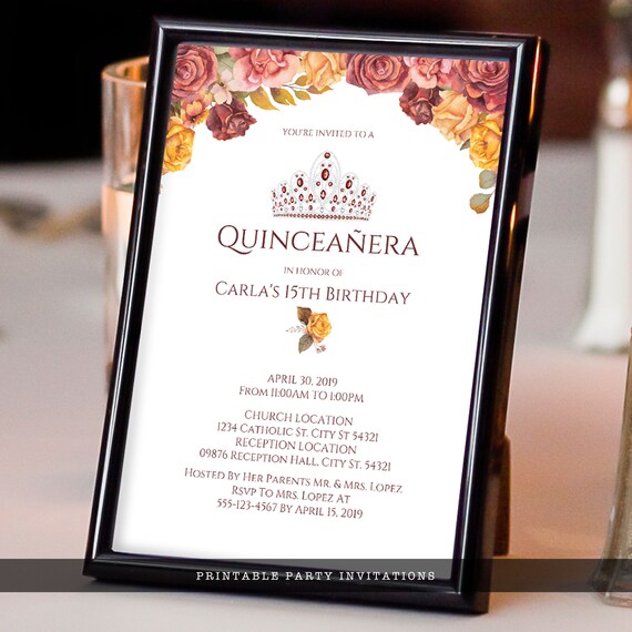 Beautiful Burgundy Rose Quinceanera Invitations, Personalized Quinceañera Invitations, Quinceañera Crown Invitations, Printable Invitations Il_570xn