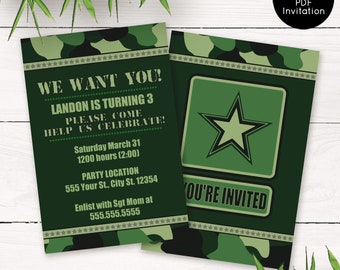 May include: Two-sided invitation with a military theme. The front features the text "WE WANT YOU!" and party details. The back displays a star emblem and the words "YOU'RE INVITED." The design incorporates a camouflage pattern and star accents.