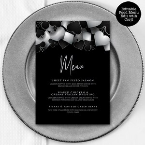 printable dinner menu with Customizable Corjl Template Silver and Black Casino Night with Hearts Spades Clubs Diamonds Perfect for Birthday Party Favors and Decorations