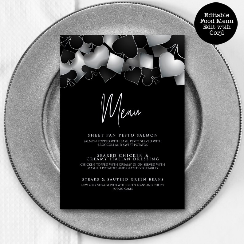 printable dinner menu with Customizable Corjl Template Silver and Black Casino Night with Hearts Spades Clubs Diamonds Perfect for Birthday Party Favors and Decorations
