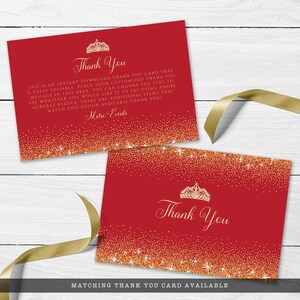 Red and Gold Glitter Thank You Cards. Designed with sparkles, faux gold glitter, gold crown with diamond, and red background accents for a fabulous birthday. Designed By MetroEvents